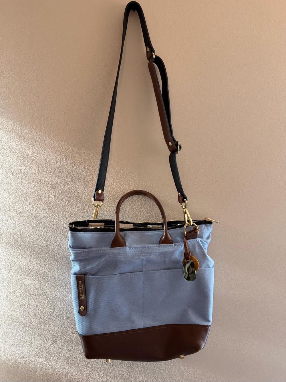 Light Blue Canvas Shoulder Bag with Brown Leather Trim